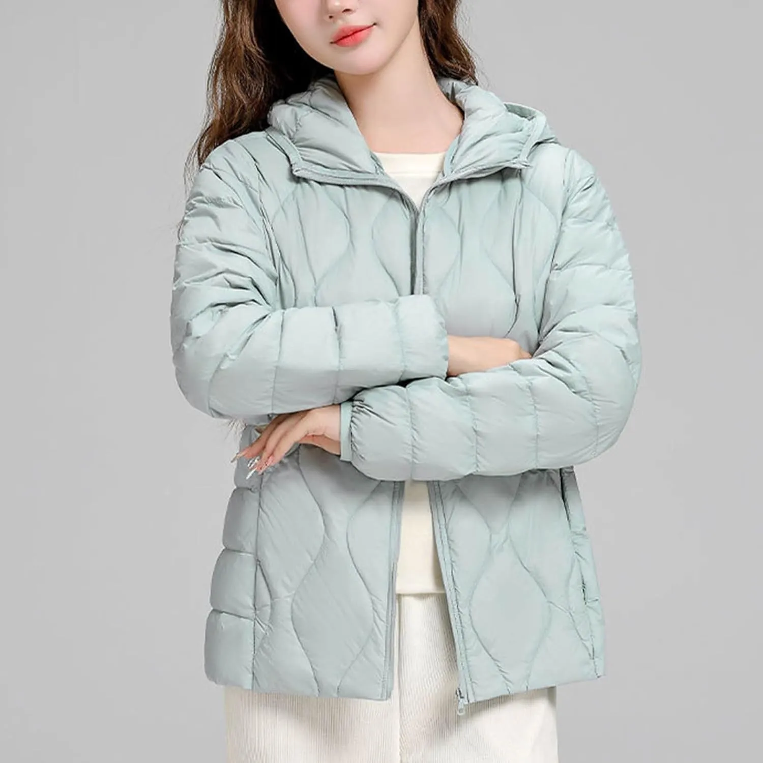 Lmdudan Plus Size Womens Quilted Jacket Lightweight Long Sleeve Hooded Puffer Jackets 2024 Winter Warm Down Coat Outerwear