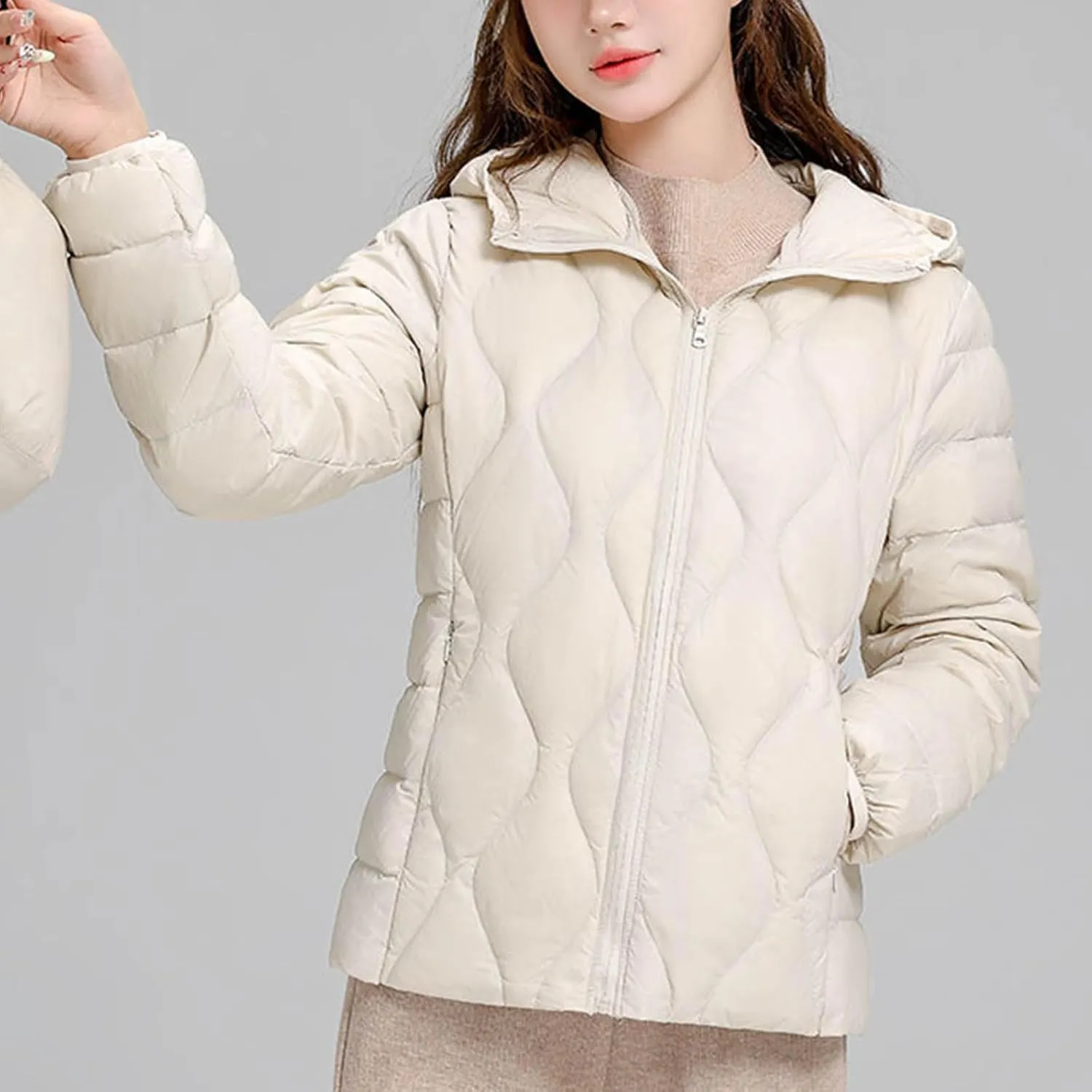Lmdudan Plus Size Womens Quilted Jacket Lightweight Long Sleeve Hooded Puffer Jackets 2024 Winter Warm Down Coat Outerwear