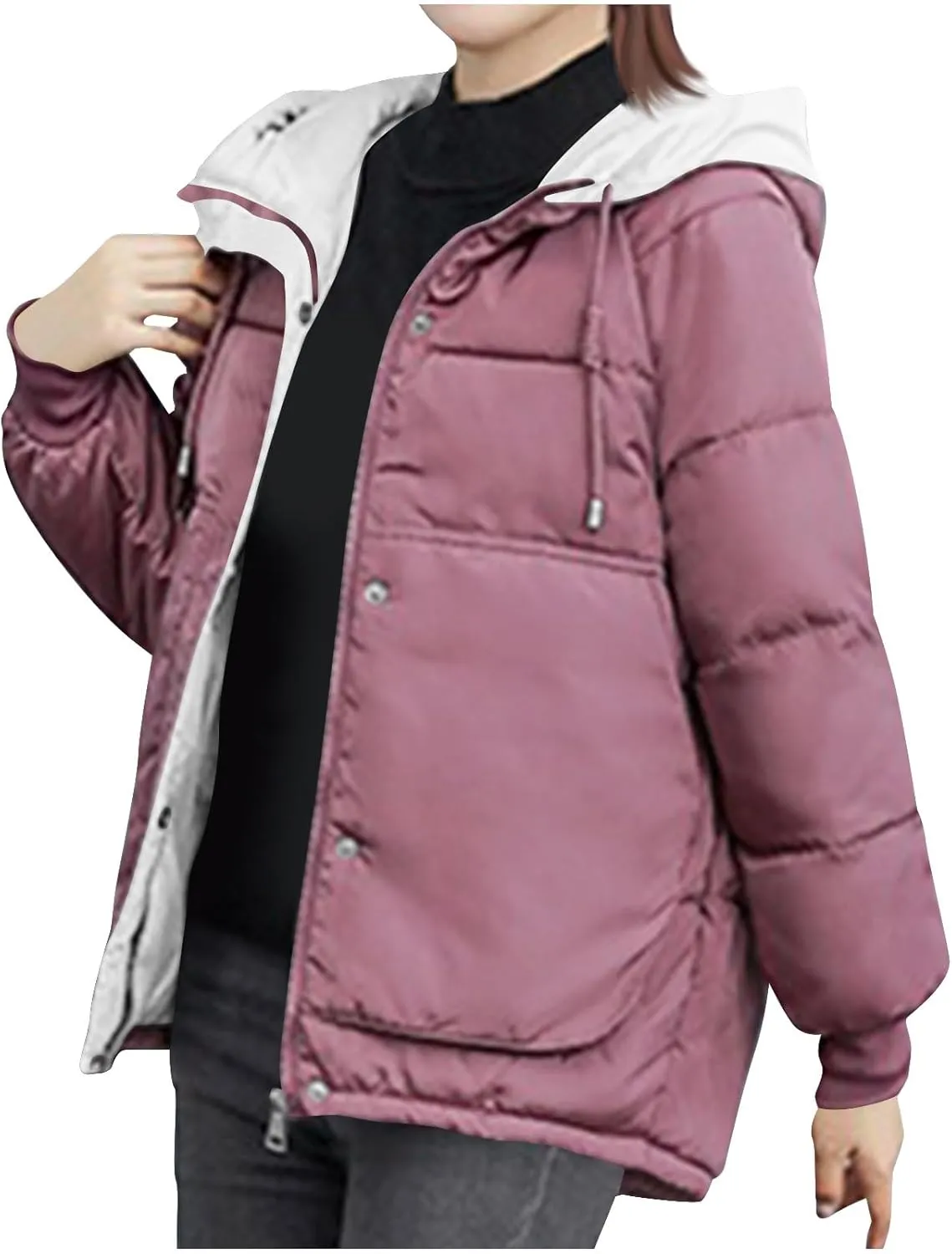 Lmdudan Women's Cropped Puffer Jacket 2024 Winter Down Coat Hooded Outerwear Warm Quilted Puffer Jackets with Pockets