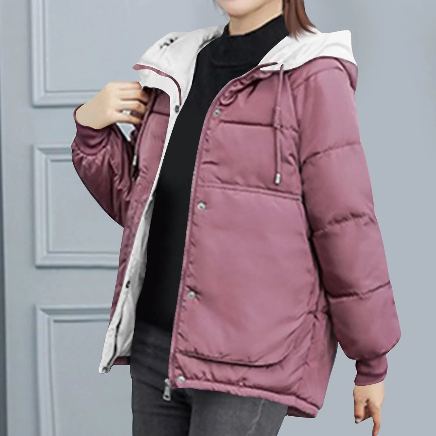 Lmdudan Women's Cropped Puffer Jacket 2024 Winter Down Coat Hooded Outerwear Warm Quilted Puffer Jackets with Pockets