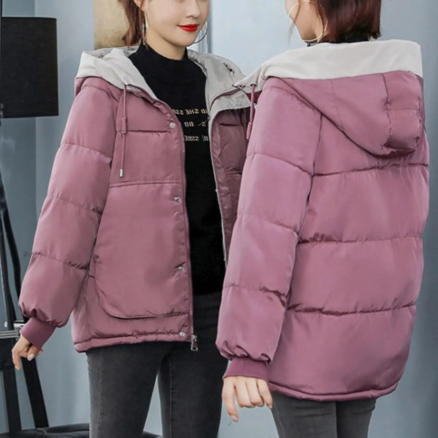 Lmdudan Women's Cropped Puffer Jacket 2024 Winter Down Coat Hooded Outerwear Warm Quilted Puffer Jackets with Pockets