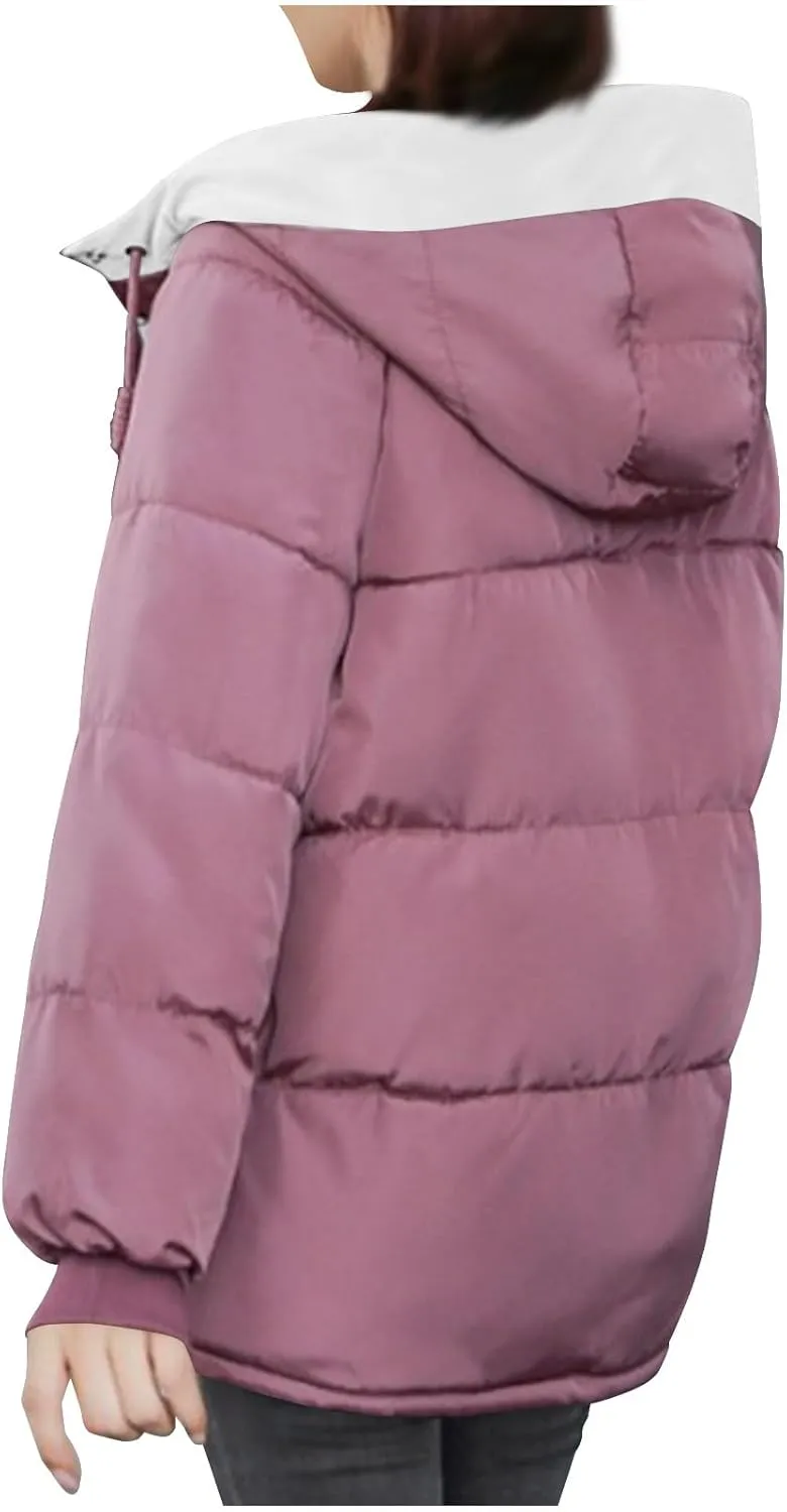 Lmdudan Women's Cropped Puffer Jacket 2024 Winter Down Coat Hooded Outerwear Warm Quilted Puffer Jackets with Pockets