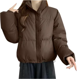 Lmdudan Womens Winter Cropped Puffer Jacket 2024 Trendy Oversized Down Short Puffy Coat Solid Quilted Jackets with Pockets