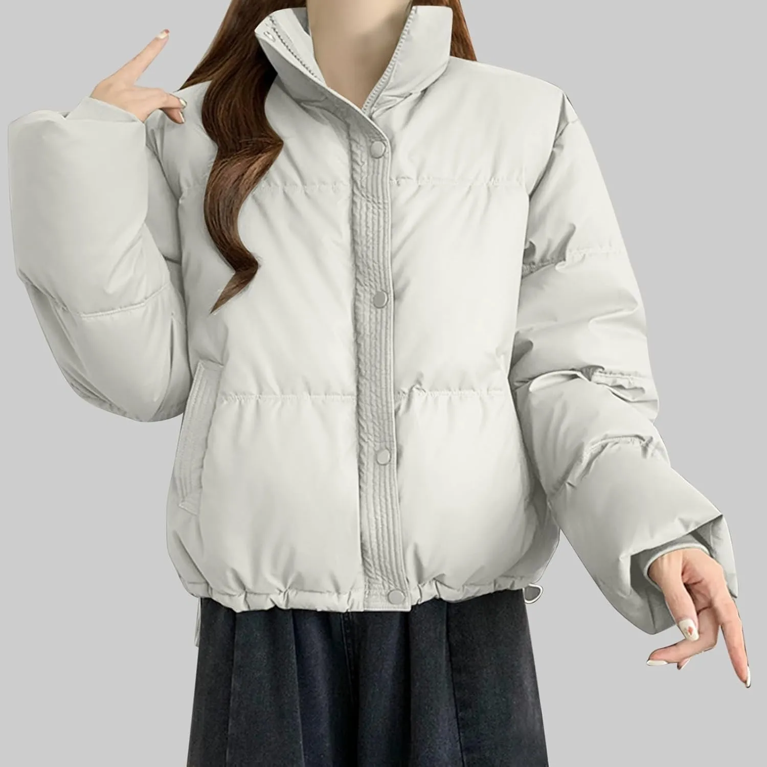 Lmdudan Womens Winter Cropped Puffer Jacket 2024 Trendy Oversized Down Short Puffy Coat Solid Quilted Jackets with Pockets