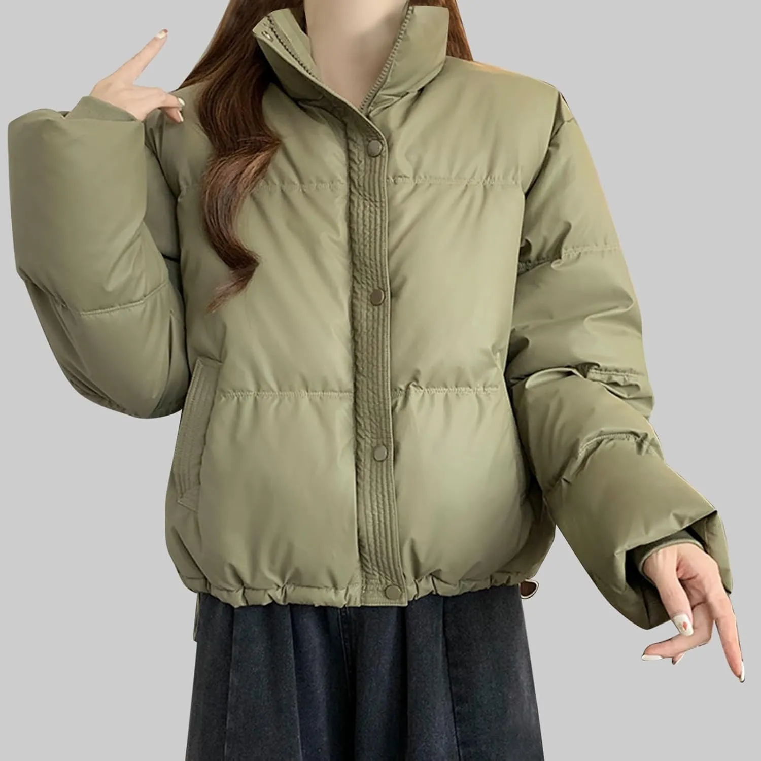 Lmdudan Womens Winter Cropped Puffer Jacket 2024 Trendy Oversized Down Short Puffy Coat Solid Quilted Jackets with Pockets