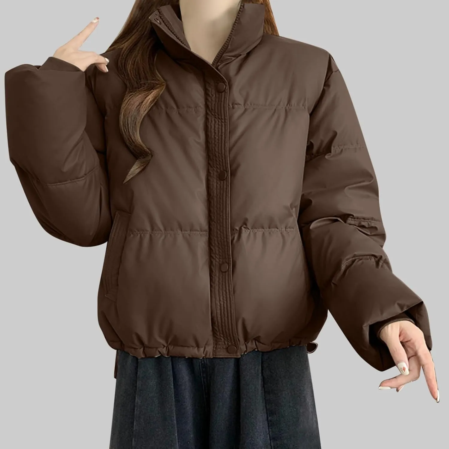Lmdudan Womens Winter Cropped Puffer Jacket 2024 Trendy Oversized Down Short Puffy Coat Solid Quilted Jackets with Pockets