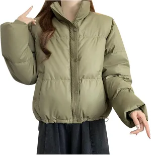 Lmdudan Womens Winter Cropped Puffer Jacket 2024 Trendy Oversized Down Short Puffy Coat Solid Quilted Jackets with Pockets