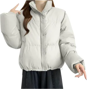 Lmdudan Womens Winter Cropped Puffer Jacket 2024 Trendy Oversized Down Short Puffy Coat Solid Quilted Jackets with Pockets