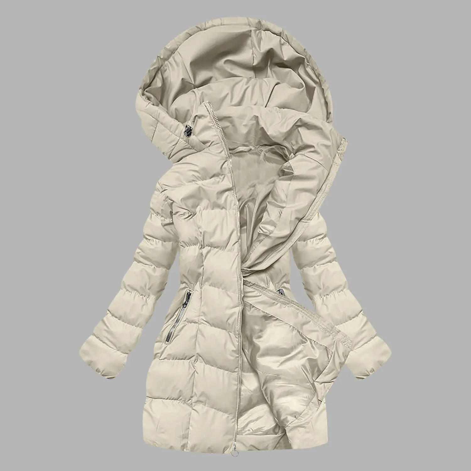 Lmdudan Women's Winter Down Jacket with Hood Quilted Puffer Coats 2024 Fashion Long Sleeve Warm Outwear with Pockets