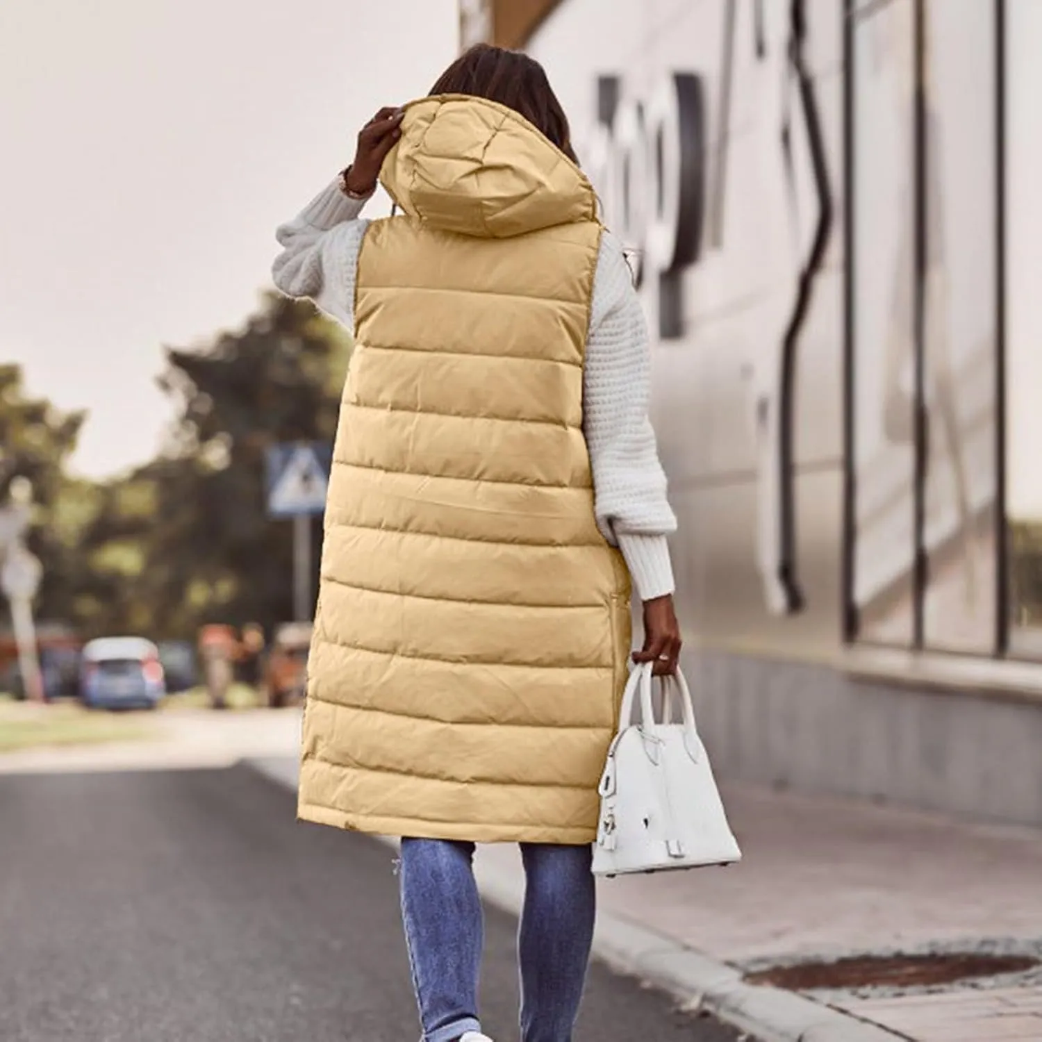 Long Puffer Vest Winter Coat Vest Hooded Sleeveless Warm Cotton Coat with Pockets Vest Cotton Quilted Down Hoodies
