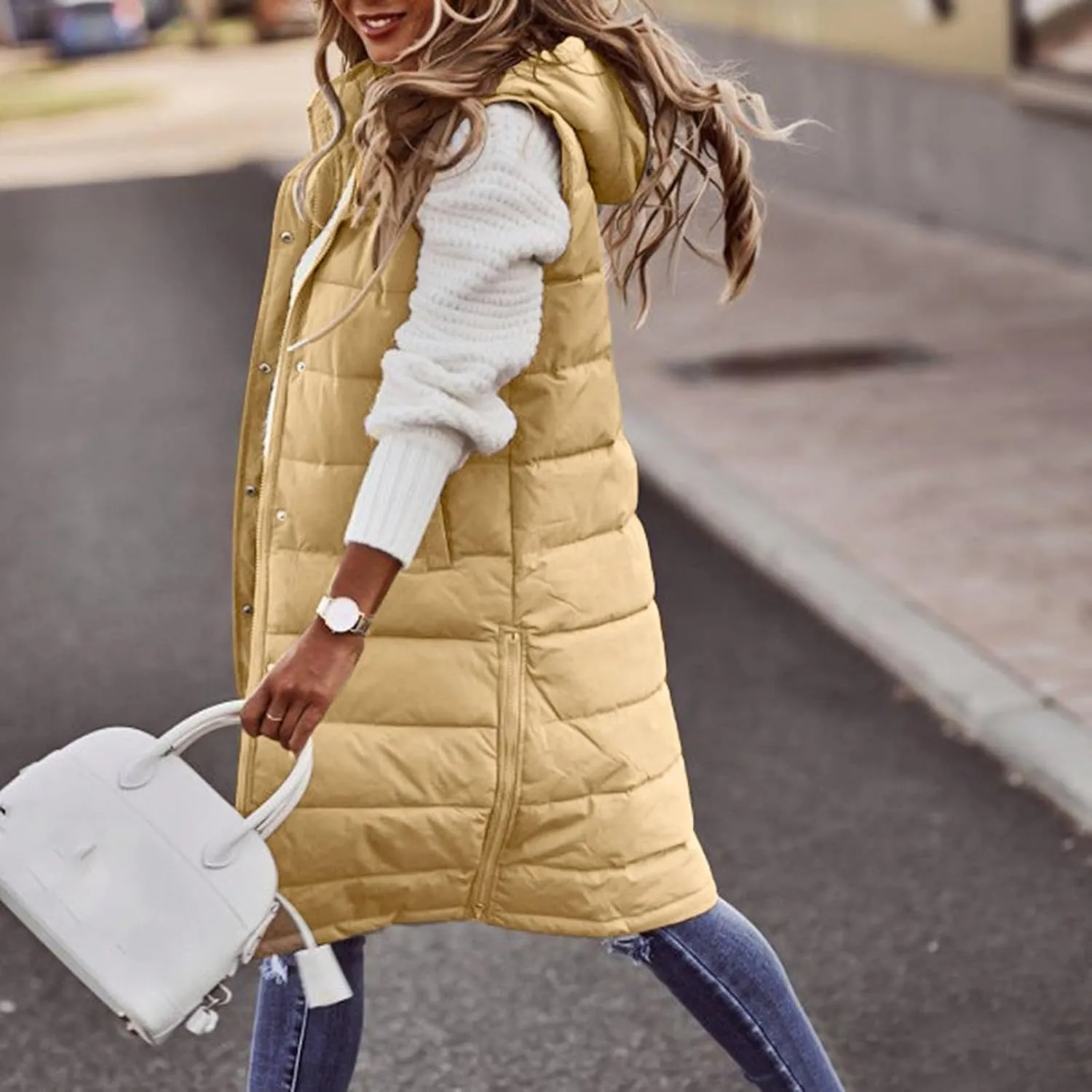 Long Puffer Vest Winter Coat Vest Hooded Sleeveless Warm Cotton Coat with Pockets Vest Cotton Quilted Down Hoodies