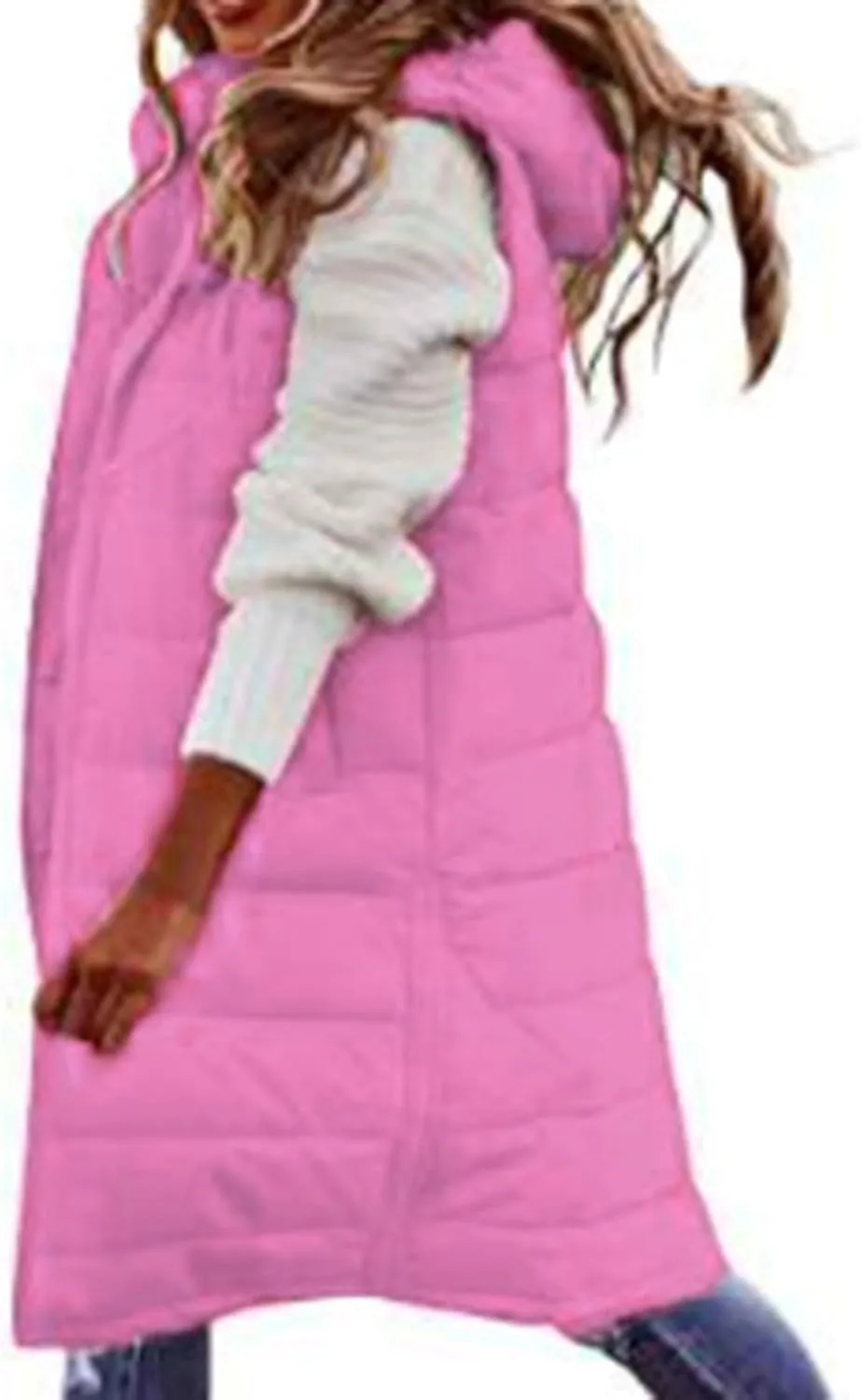 Long Puffer Vest Winter Coat Vest Hooded Sleeveless Warm Cotton Coat with Pockets Vest Cotton Quilted Down Hoodies