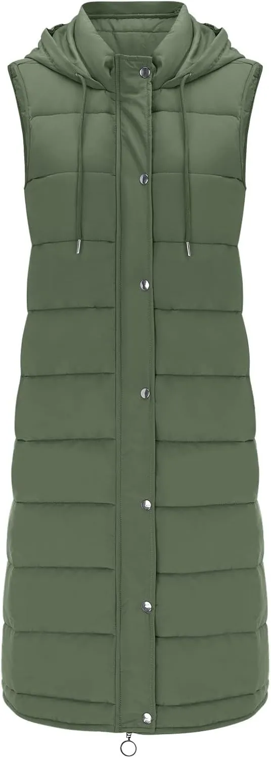 Long Puffer Vest Winter Coat Vest Hooded Sleeveless Warm Cotton Coat with Pockets Vest Cotton Quilted Down Hoodies