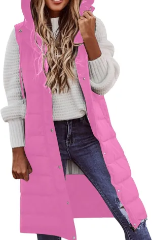 Long Puffer Vest Winter Coat Vest Hooded Sleeveless Warm Cotton Coat with Pockets Vest Cotton Quilted Down Hoodies