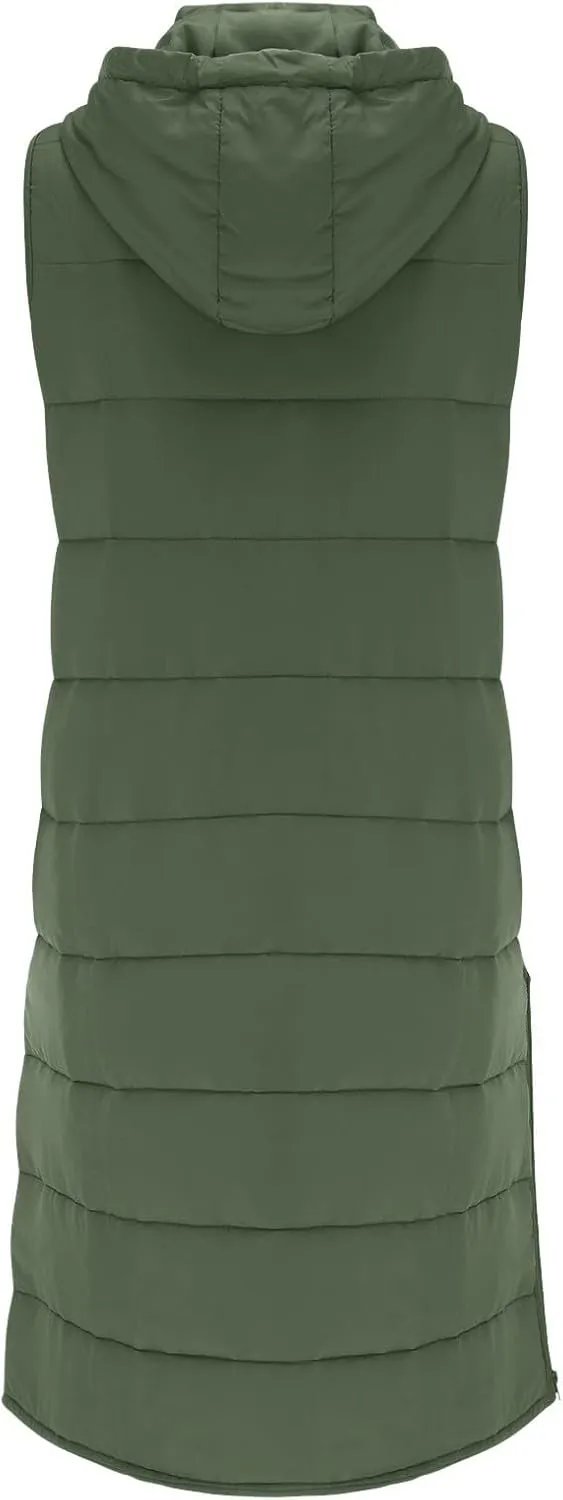 Long Puffer Vest Winter Coat Vest Hooded Sleeveless Warm Cotton Coat with Pockets Vest Cotton Quilted Down Hoodies