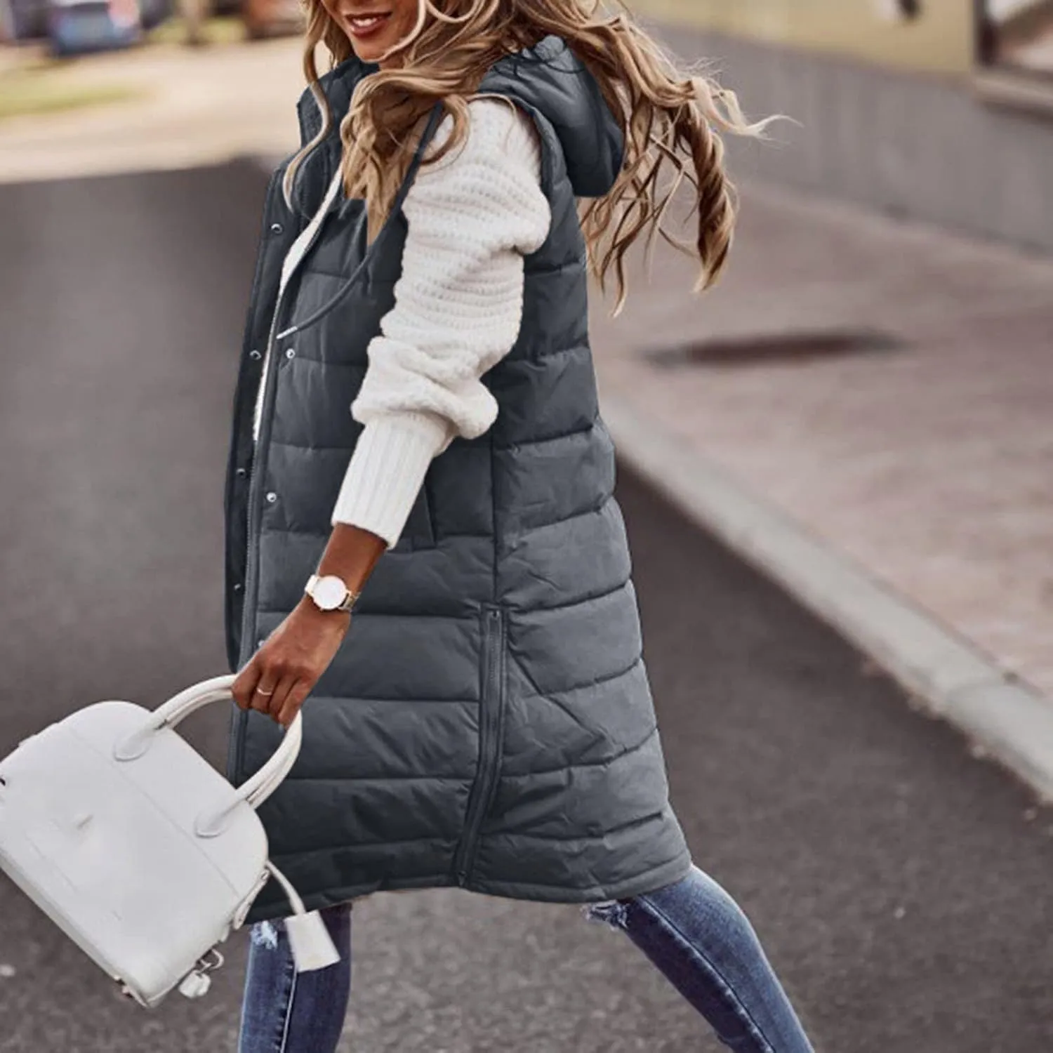 Long Puffer Vest Winter Coat Vest Hooded Sleeveless Warm Cotton Coat with Pockets Vest Cotton Quilted Down Hoodies