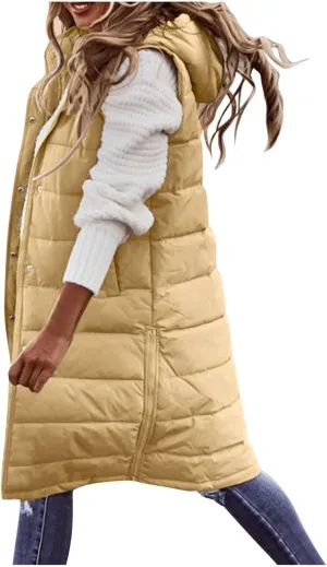 Long Puffer Vest Winter Coat Vest Hooded Sleeveless Warm Cotton Coat with Pockets Vest Cotton Quilted Down Hoodies
