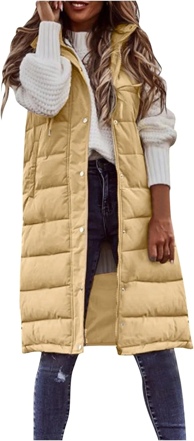 Long Puffer Vest Winter Coat Vest Hooded Sleeveless Warm Cotton Coat with Pockets Vest Cotton Quilted Down Hoodies
