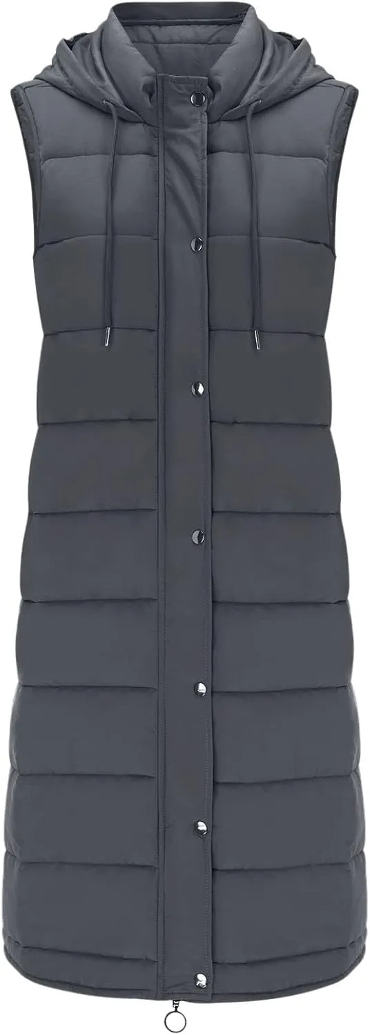 Long Puffer Vest Winter Coat Vest Hooded Sleeveless Warm Cotton Coat with Pockets Vest Cotton Quilted Down Hoodies