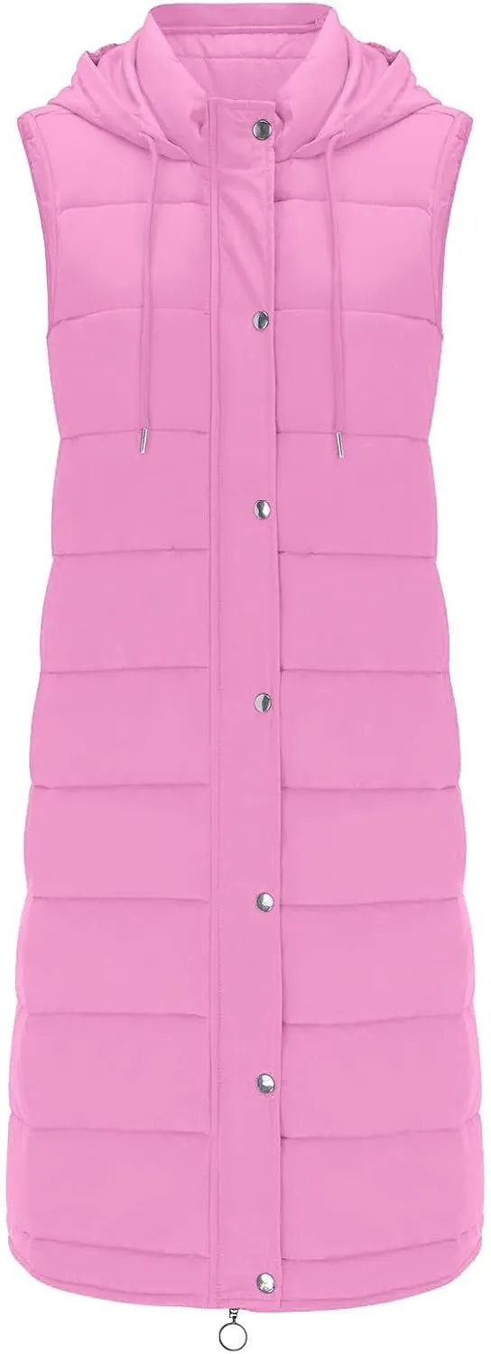Long Puffer Vest Winter Coat Vest Hooded Sleeveless Warm Cotton Coat with Pockets Vest Cotton Quilted Down Hoodies
