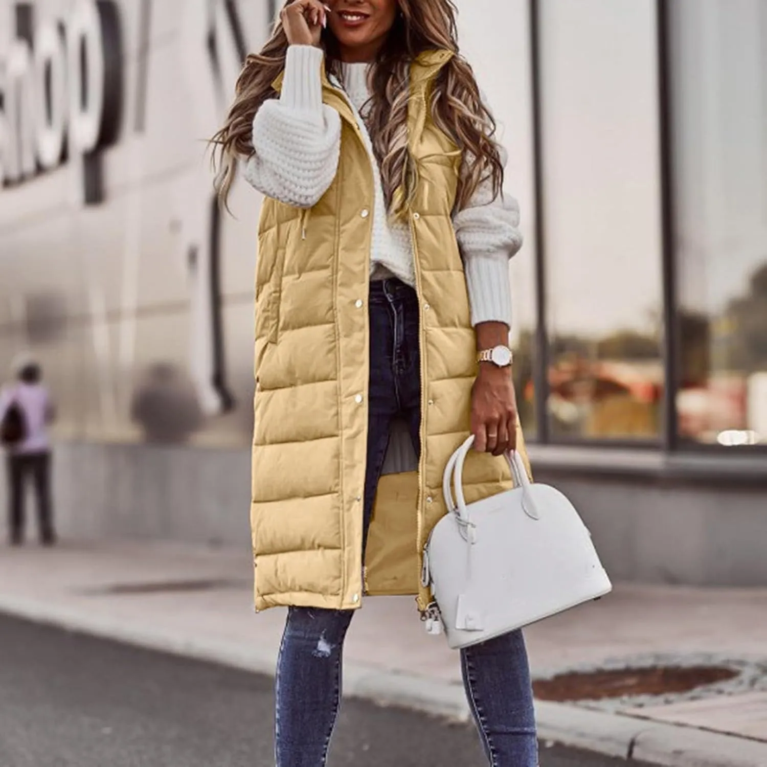 Long Puffer Vest Winter Coat Vest Hooded Sleeveless Warm Cotton Coat with Pockets Vest Cotton Quilted Down Hoodies