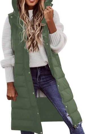 Long Puffer Vest Winter Coat Vest Hooded Sleeveless Warm Cotton Coat with Pockets Vest Cotton Quilted Down Hoodies