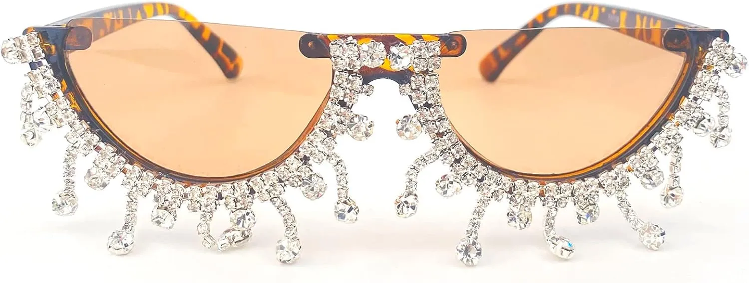 Luxury Diamond Cat Eye Sunglasses Women Vintage Half frame Rhinestone bling Sunglasses Ladies Party Eyewear UV400