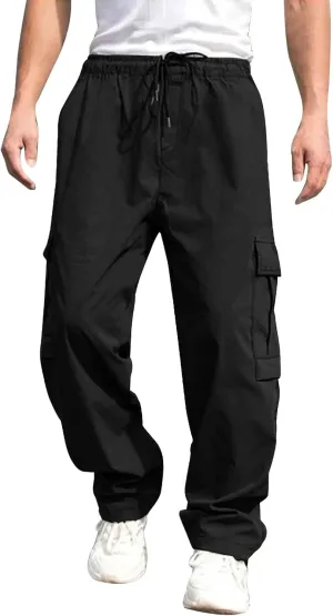 Male Versatile All Season Cargo Pants Multi Pocket Hem Solid Color Plus Size Outdoor Trousers for Men High