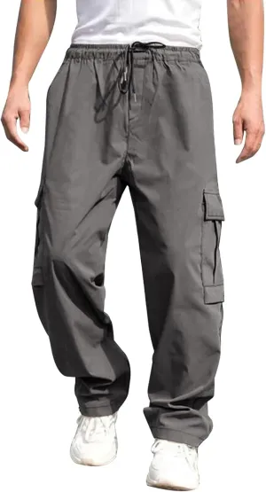 Male Versatile All Season Cargo Pants Multi Pocket Hem Solid Color Plus Size Outdoor Trousers Sport Trousers