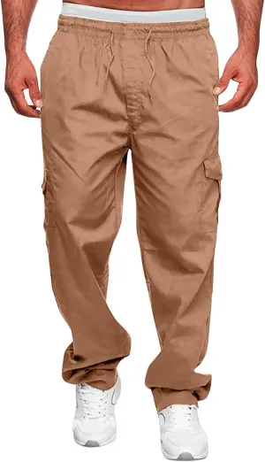 Male Versatile All Season Cargo Pants Multi Pocket Zip Button Hem Solid Color Plus Size Outdoor Jogger Pants for