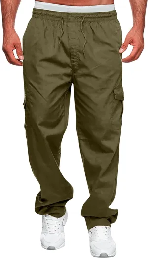 Male Versatile All Season Cargo Pants Multi Pocket Zip Button Hem Solid Color Plus Size Outdoor Jogger Pants for