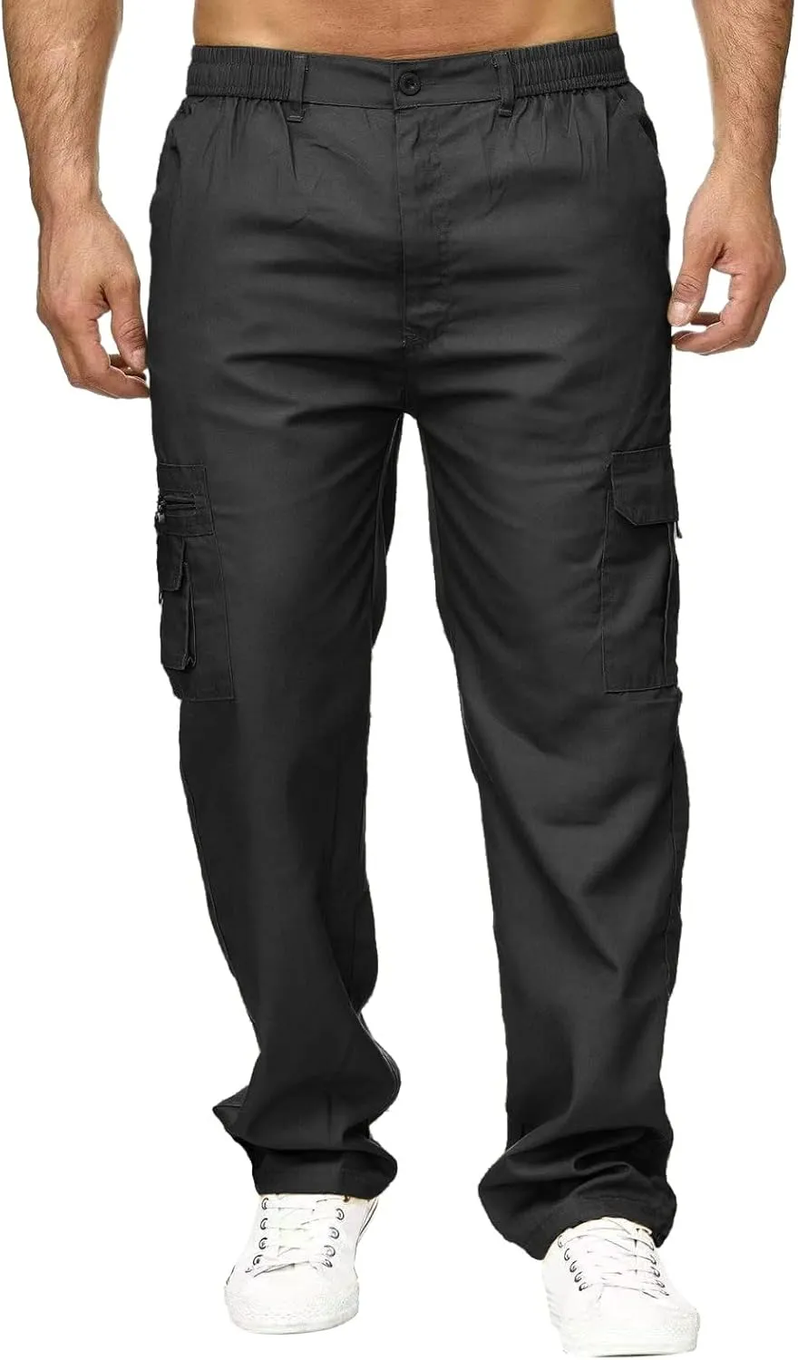 Male Versatile All Season Cargo Pants Multi Pocket Zip Button Hem Solid Color Plus Size Outdoor Lightweight Pants