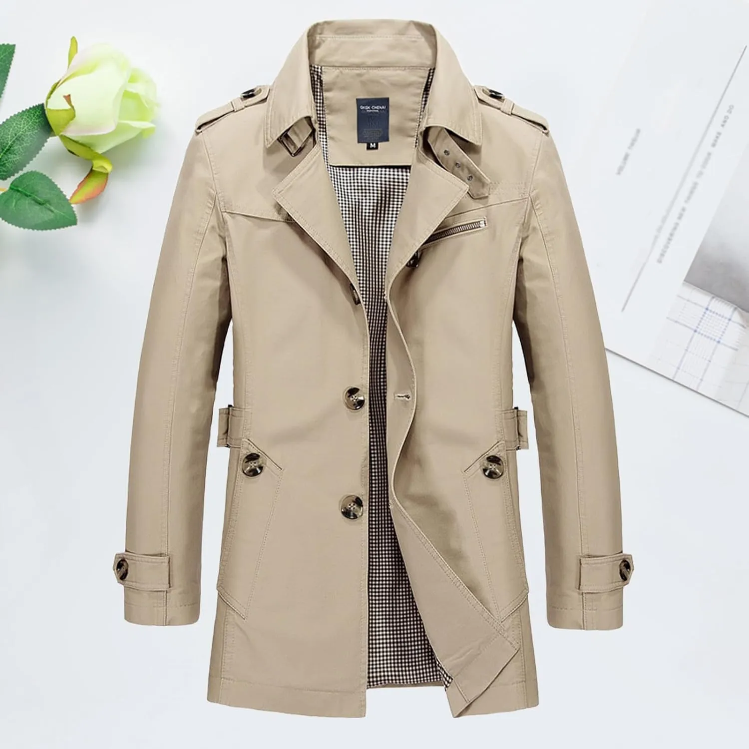 Men Cotton Peacoat Trendy Single Breasted Notch Collar Trench Coat Oversize Business Work Windproof Jacket with Belt