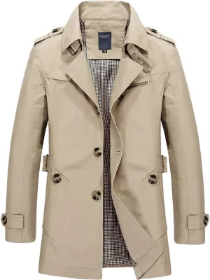 Men Cotton Peacoat Trendy Single Breasted Notch Collar Trench Coat Oversize Business Work Windproof Jacket with Belt