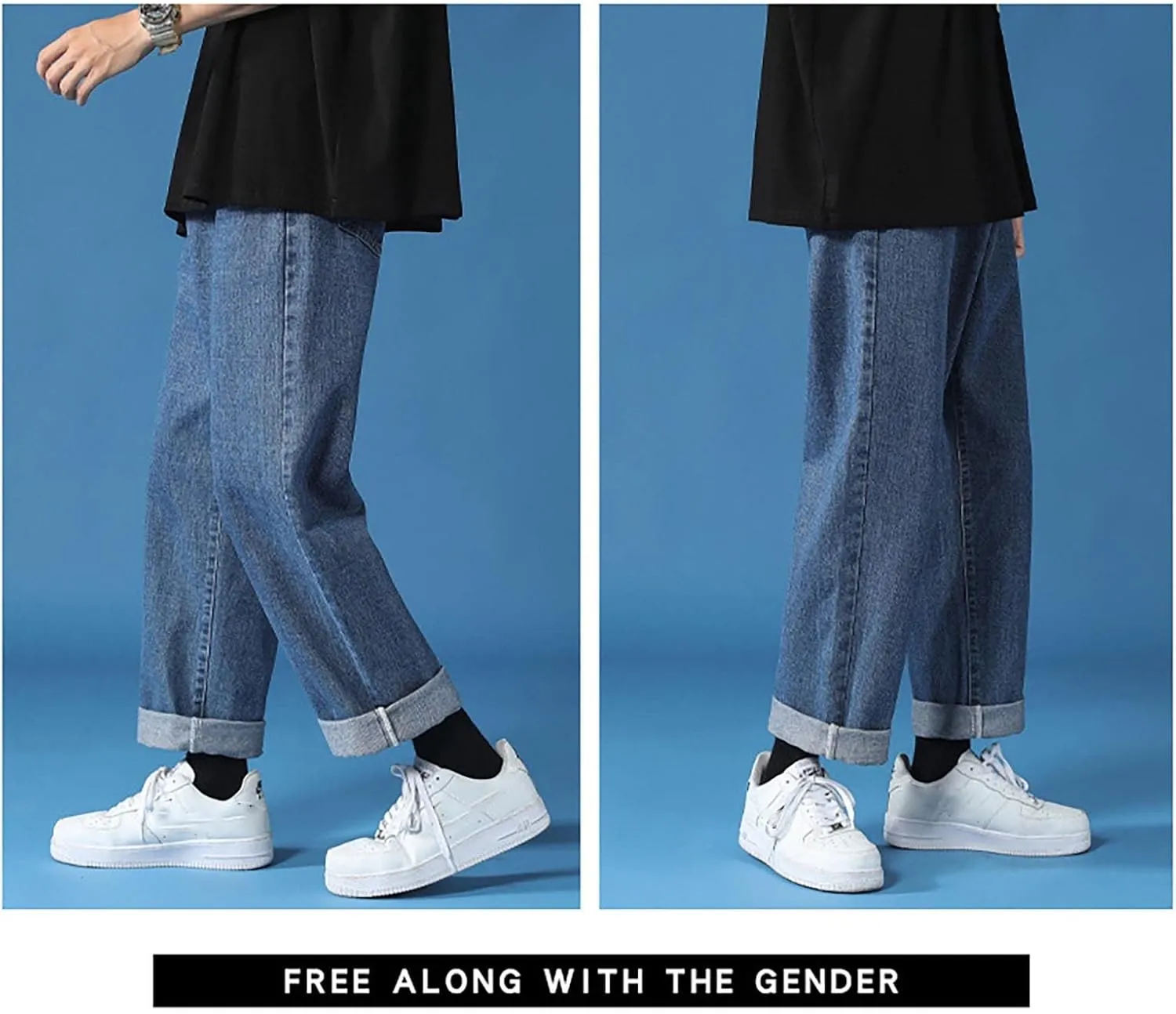 Men's Athletic-Fit Jean Old Men and Women Straight Korean Version Boys Casual Trousers Middle Waist Denim Long Pants