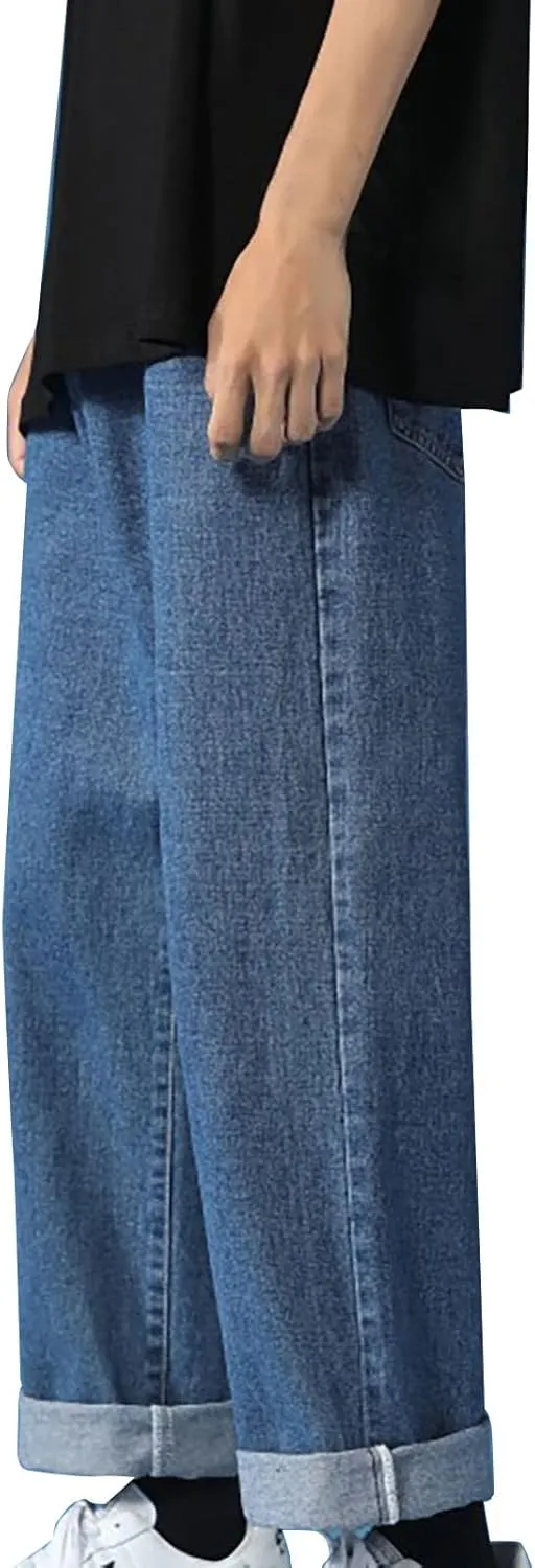 Men's Athletic-Fit Jean Old Men and Women Straight Korean Version Boys Casual Trousers Middle Waist Denim Long Pants