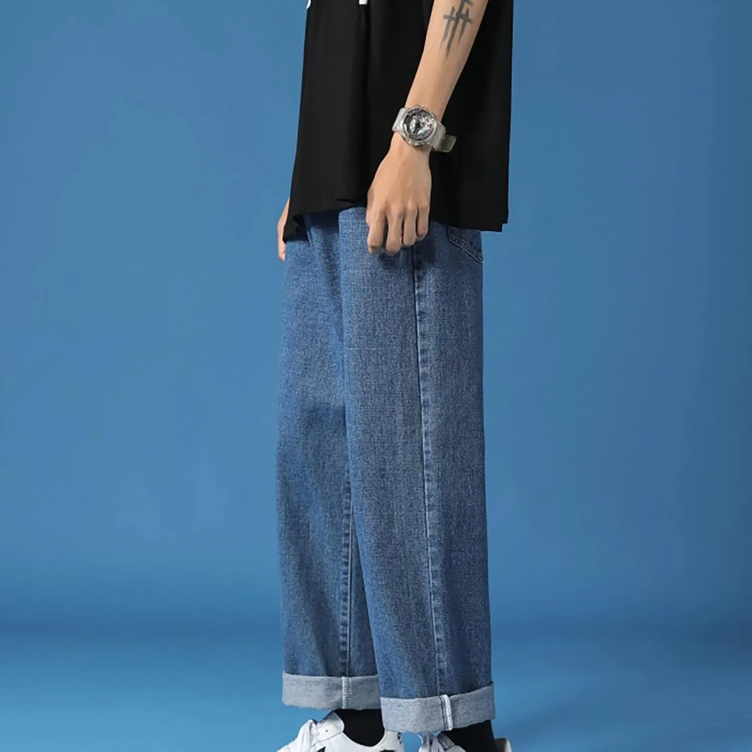 Men's Athletic-Fit Jean Old Men and Women Straight Korean Version Boys Casual Trousers Middle Waist Denim Long Pants