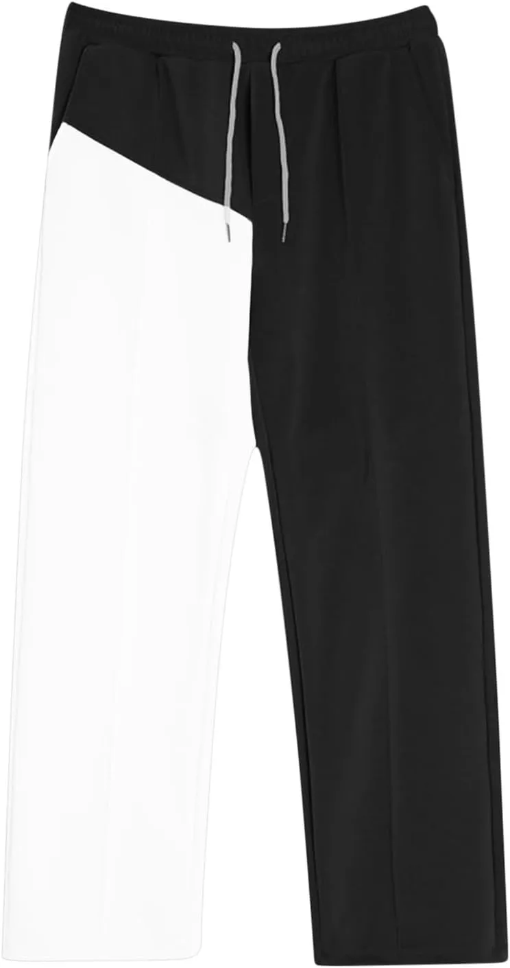 Mens Baggy Sweatpants Color Match Elastic Waist Drawstring Straight Leg Pants Casual Fashion Sports Trousers