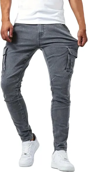 Men's Cargo Jeans Relaxed Fit Stretchy Denim Jeans Lightweight Casual Streetwear Straight Leg Athletic Pants Plain