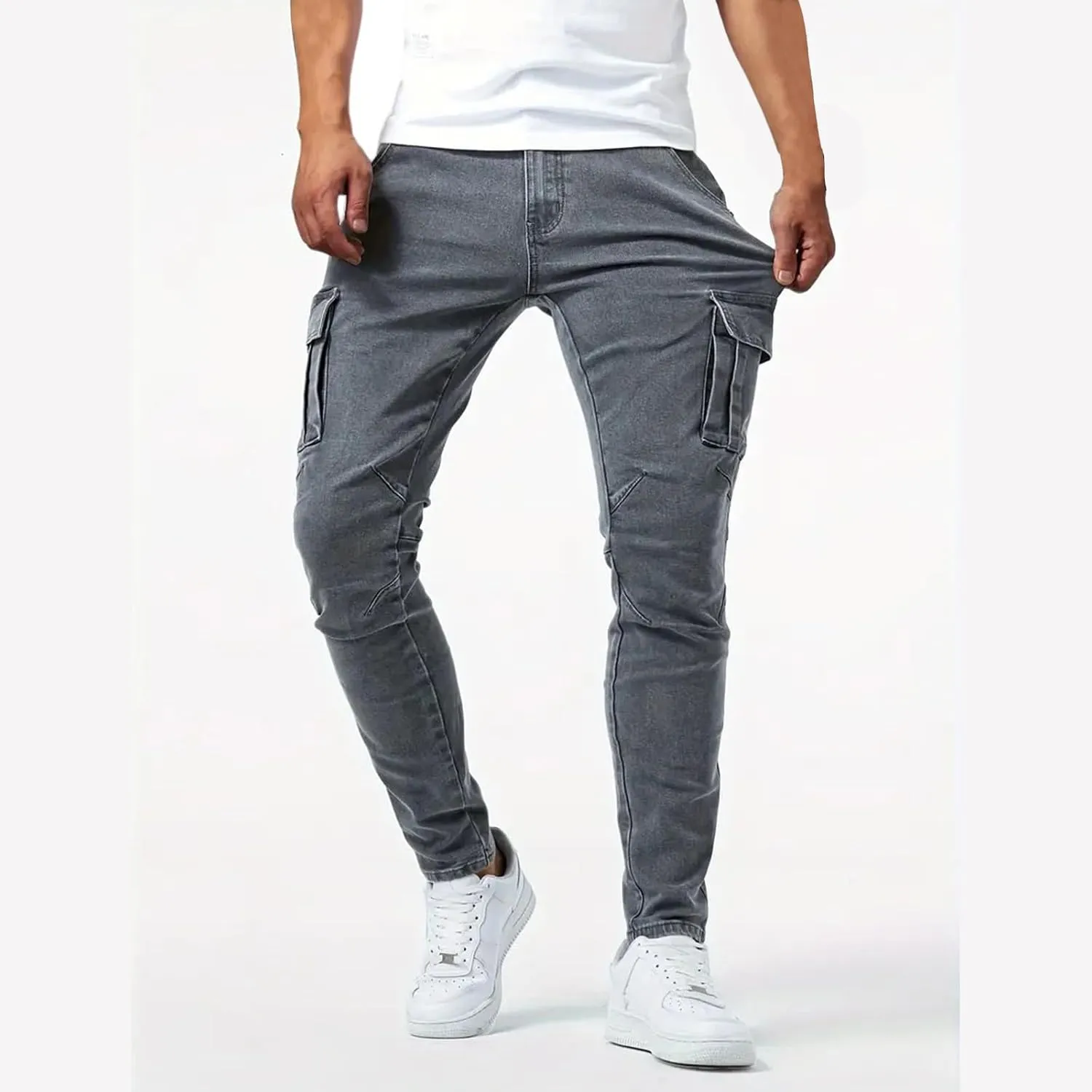 Men's Cargo Jeans Relaxed Fit Stretchy Denim Jeans Lightweight Casual Streetwear Straight Leg Athletic Pants Plain