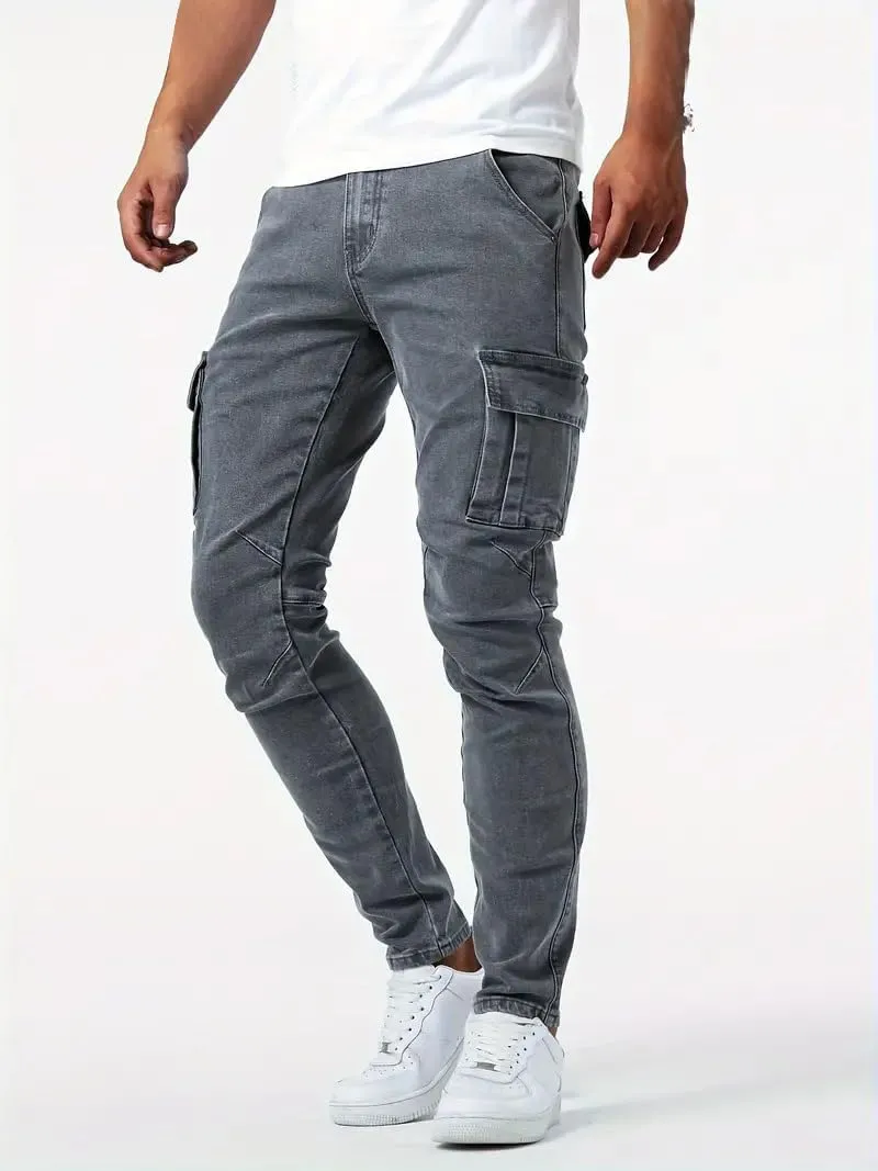 Men's Cargo Jeans Relaxed Fit Stretchy Denim Jeans Lightweight Casual Streetwear Straight Leg Athletic Pants Plain