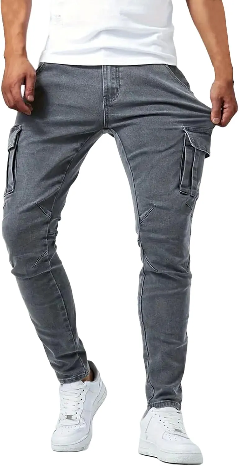 Men's Cargo Jeans Relaxed Fit Stretchy Denim Jeans Lightweight Casual Streetwear Straight Leg Athletic Pants Plain