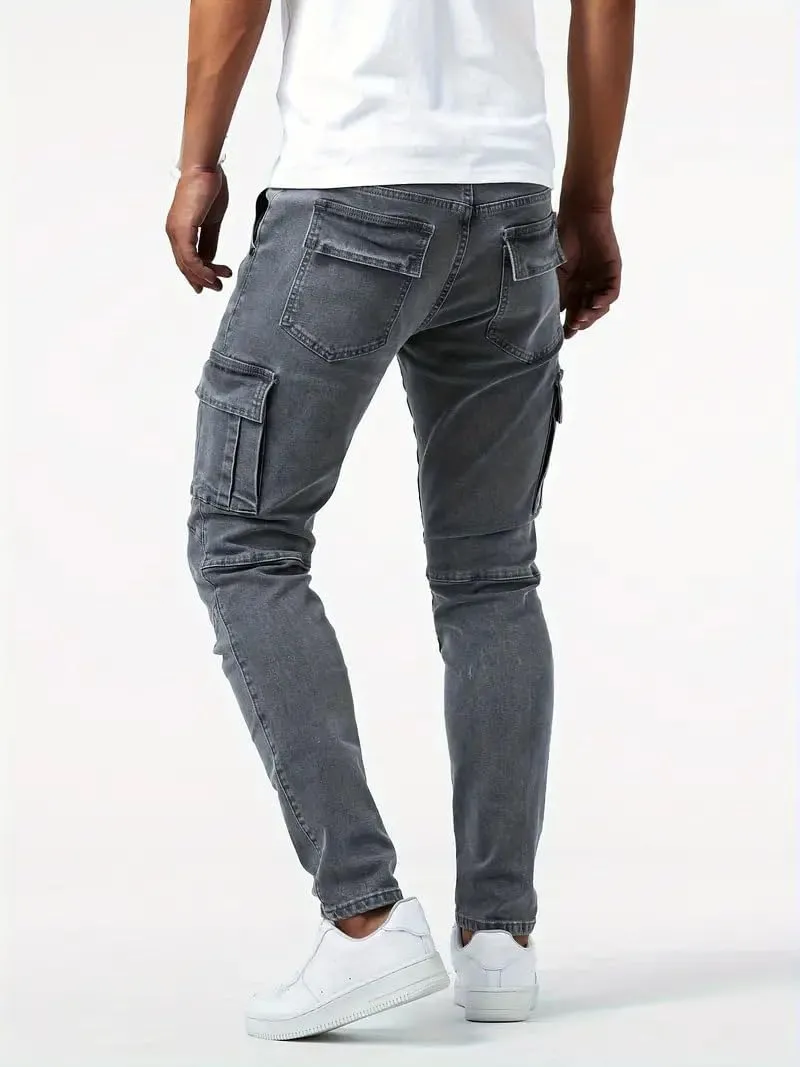 Men's Cargo Jeans Relaxed Fit Stretchy Denim Jeans Lightweight Casual Streetwear Straight Leg Athletic Pants Plain