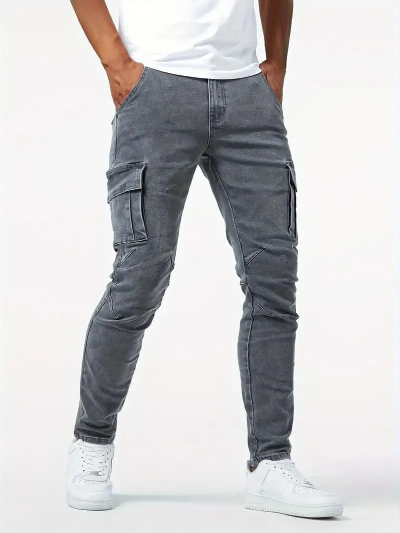 Men's Cargo Jeans Relaxed Fit Stretchy Denim Jeans Lightweight Casual Streetwear Straight Leg Athletic Pants Plain
