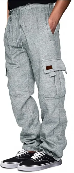 Men's Cargo Sweatpants Heavyweight Fleece Joggers Loose Fit Open Bottom Workout Athletic Pants with Pockets