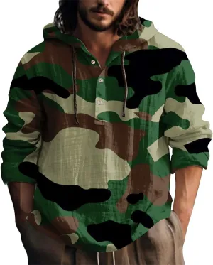Mens Cotton Linen Drawstring Hoodie Shirts Men's Casual Fashion Hooded Spring And Autumn Linen Long Men