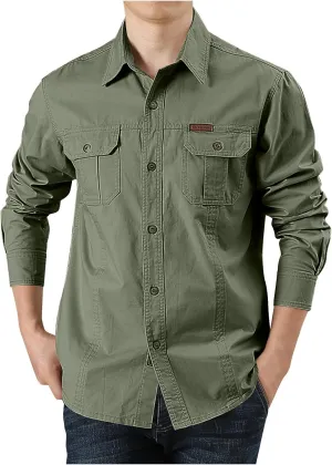 Men's Cotton Military Uniform Cargo Jacket Long Sleeve Casual Button Down Tactical Shirt Outdoor Ripstop Work Shirts