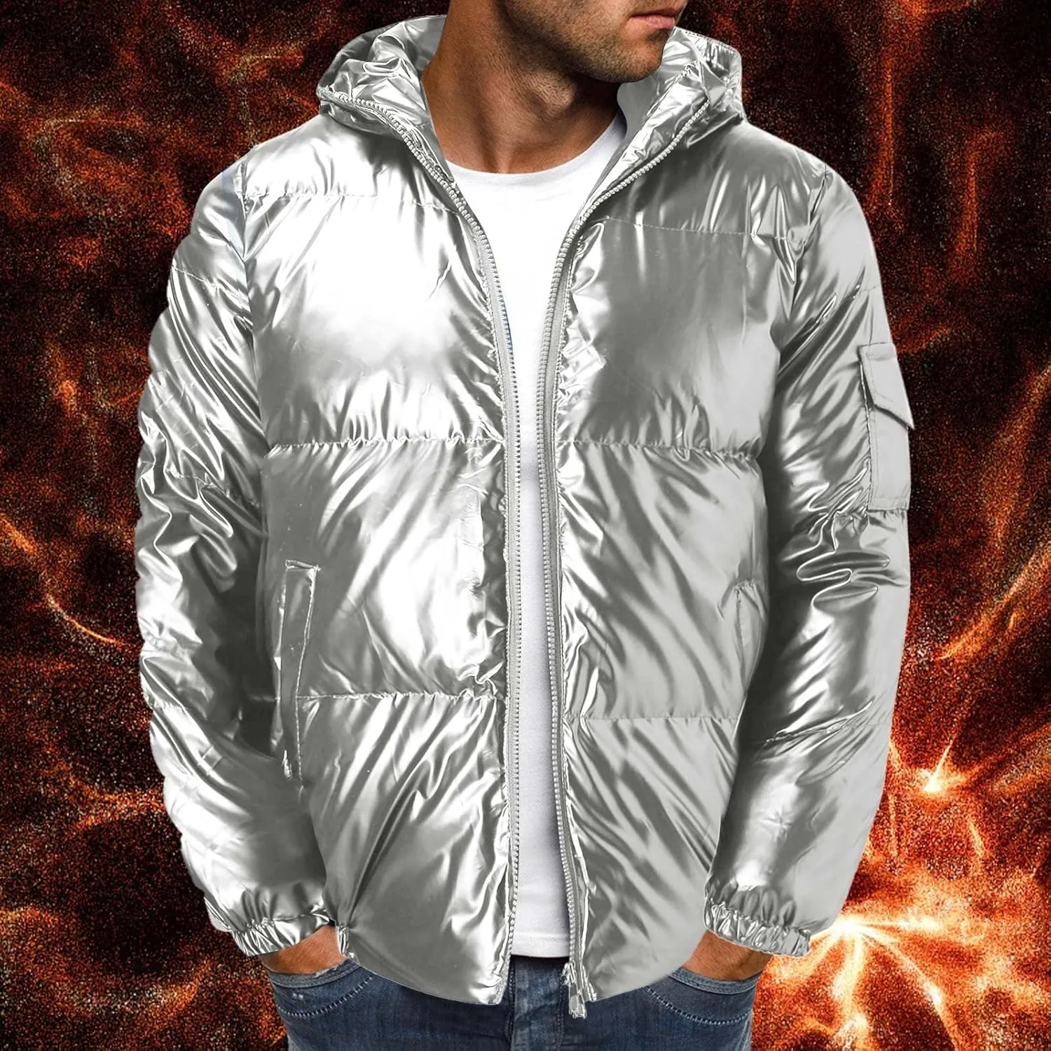 Men's Down Jackets & Coats Puffer Solid Coat Shiny Reflective Cotton Padded Hooded Trendy Plus Size Bubble Jacket for Men