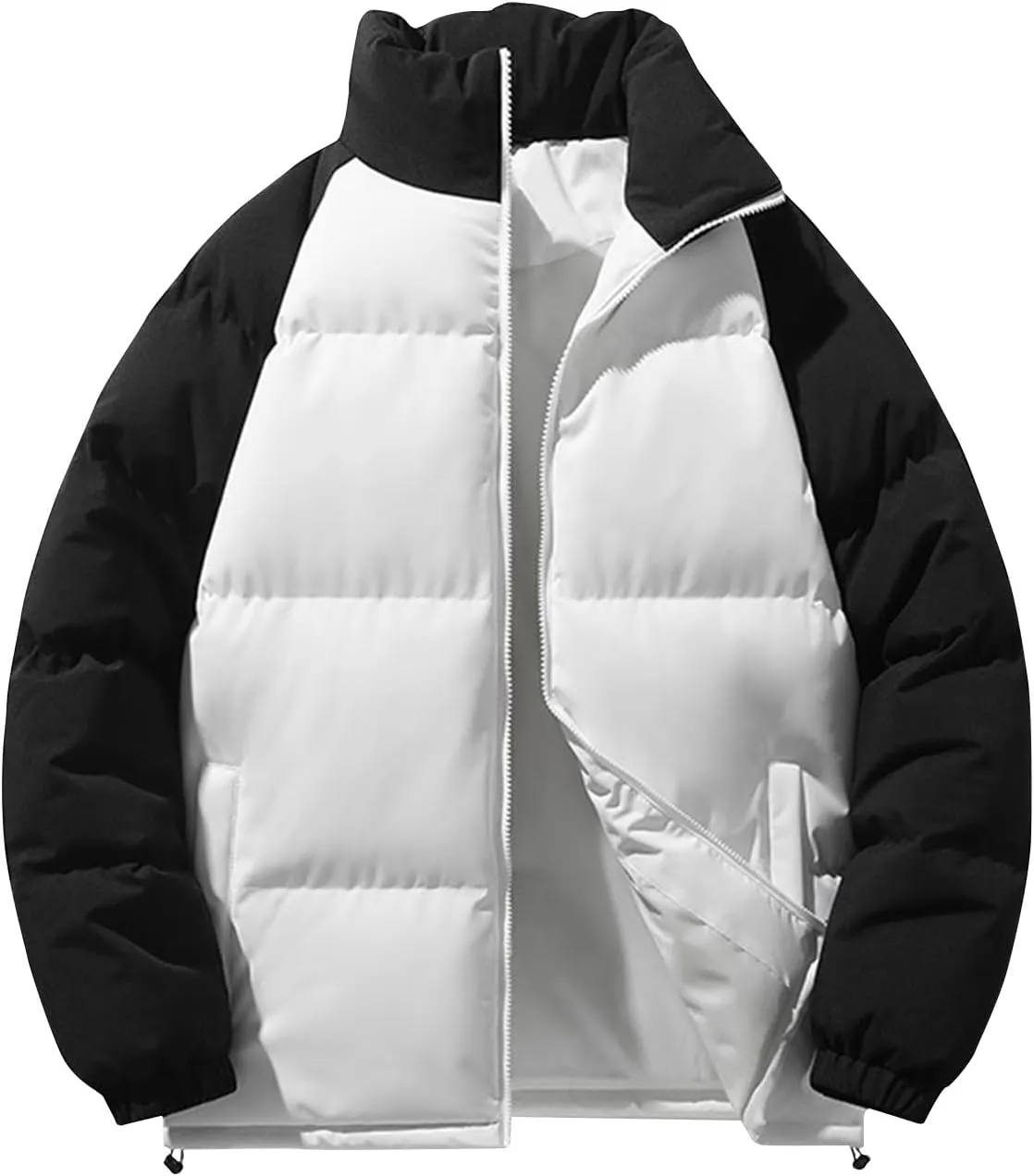 Men's Down Puffer Jacket Winter Warm Coats Color Block Stand Collar Cotton Padded Windproof Outerwear