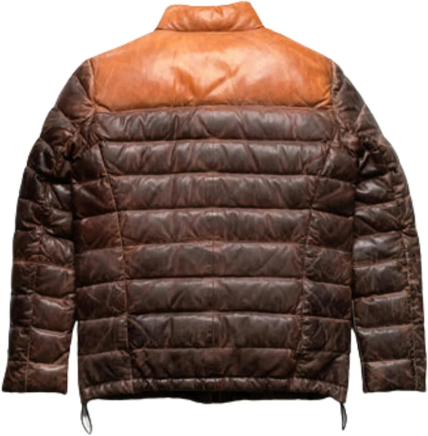 Men's Down Puffer Lamb Leather Jacket, Quilted, Two Tone Brown and Tan